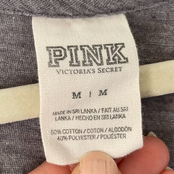 PINK Victoria's Secret Gray Varsity Stripe Logo Long Sleeve V-Neck T-Shirt, M - Picture 5 of 9